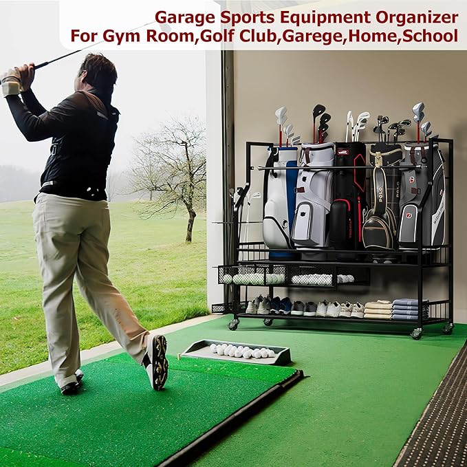 Garvee 4-5 Bags Stand Golf Organizer Rack with Wheels-Large Golf Bag Storage Organizer for Garage,Golfs Club and Home