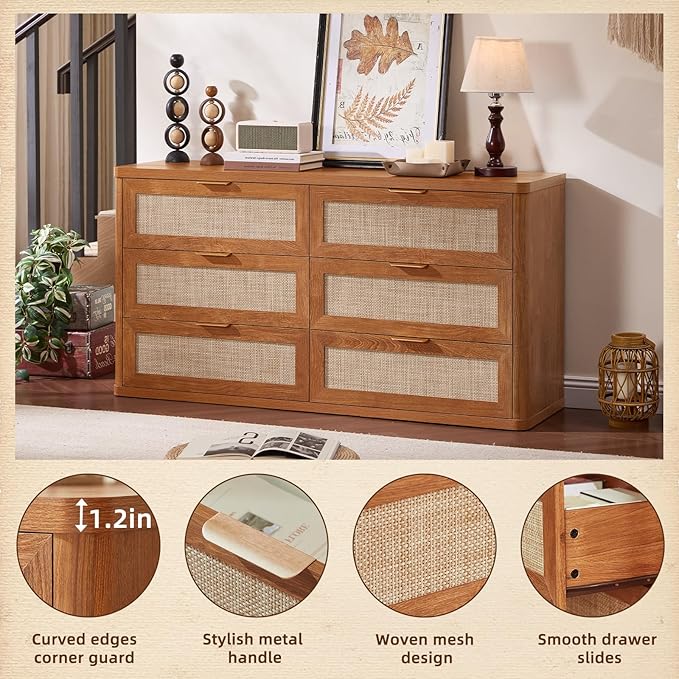 LEYAOYAO Rattan Dresser for Bedroom Set of 2, Boho 48" Wide 6 Drawer Dresser Chest of Drawers, Wood Dressers TV Stand with Metal Handle, Storage Dressers Closet Organizer for Living Room, Hallway