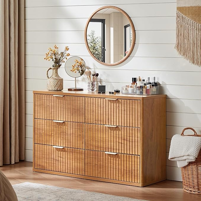 LEYAOYAO Fluted 6 Drawers Dresser, 48" Wide Modern Chest of Drawers with Woodgrain Top, Curved Profile Design, Dresser TV Stand, Wood Drawer Organizer for Bedroom, Living Room, Hallway,Brown