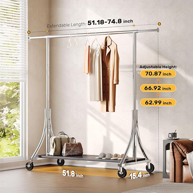 HOKEEPER Clothes Rack with Wood Shelves Height Adjustable Clothing Rack with Lockable Wheels 500LBS Portable Wooden Garment Closet for Bedroom, Living Room, Laundry, Balcony, Silver