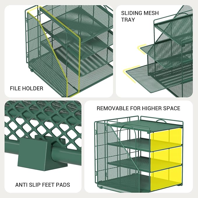 Desk File Organizer and Accessories, 4-Tier Paper Organizer with Vertical File Holder, Office Desk Accessories & Workspace Organizers and Storage for Office Supplies (Green)