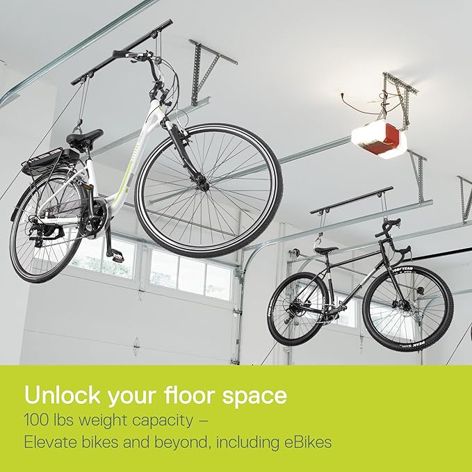Bike Hoist- Heavy Duty for Space Saving - Road, Commuter & Mountain Bikes, Holds Kayaks & Ladders - No-Hassle Installation for Quick & Easy Access