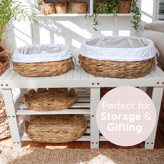 Set of 2 Round Wicker Baskets with Scalloped Lids, Handles, Removable Liners - Decorative Handwoven Water Hyacinth Baskets for Organization of Home, Kitchen, Closet, Pantry, Bathroom, Bread Basket
