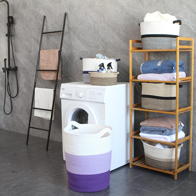 Sea Team Large Size Cotton Rope Woven Storage Basket with Handles, Laundry Hamper, Fabric Bucket, Drum, Clothes Toys Organizer for Kid's Room, 20 x 14 inches, Round Open Design, White & Purple