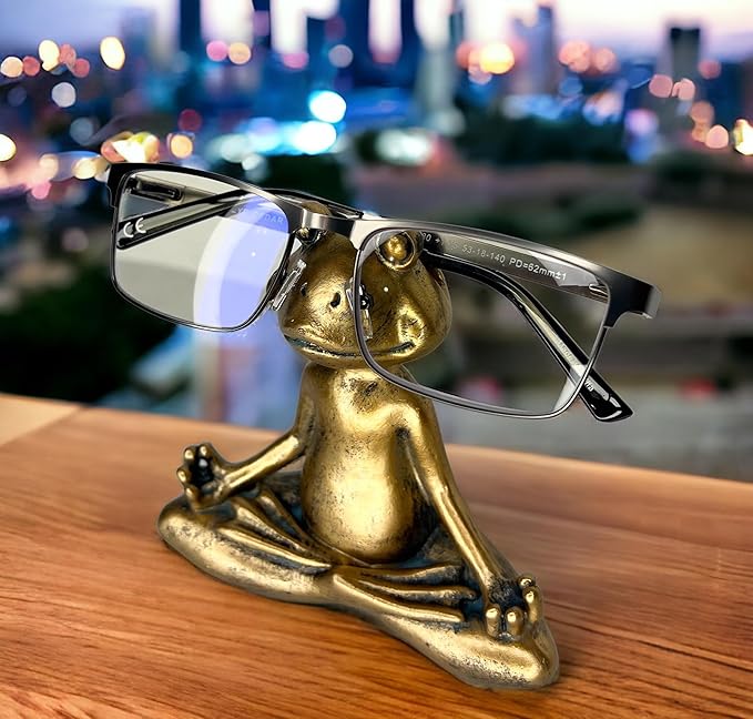 Top Brass Yoga Frog Eyeglass Holder – Whimsical Reading Glasses Sunglass Stand – Funny Desk Nightstand Keeper Rack Display – Meditating Zen Lotus Pose Figurine