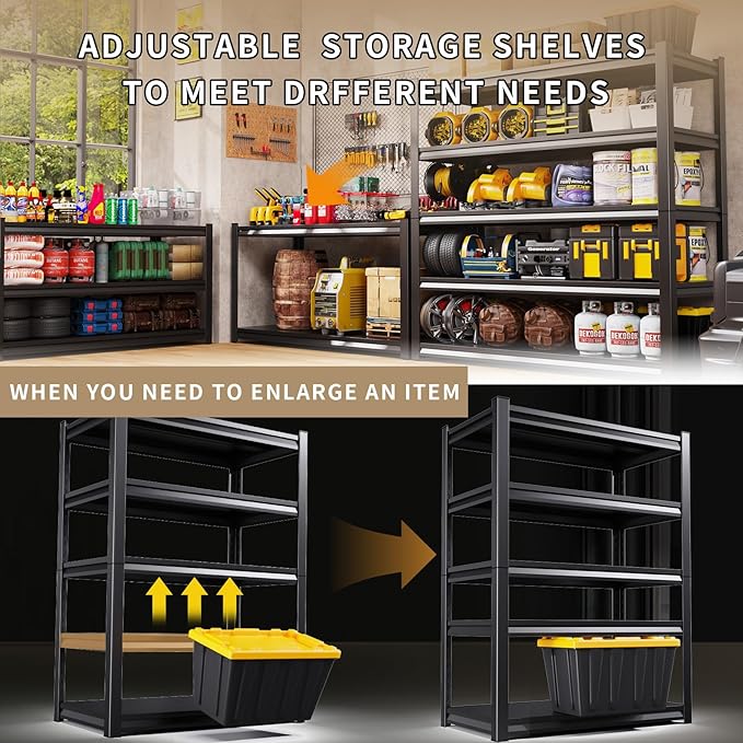 72 "H / 46" W Garage Shelving Heavy Duty Storage Shelves Adjustable Garage Shelves 5 Tier Metal Shelving Unit Utility Rack Shelf for Storage Kitchen Warehouse Pantry, Black 72 "H x 46"W x 19.7" D