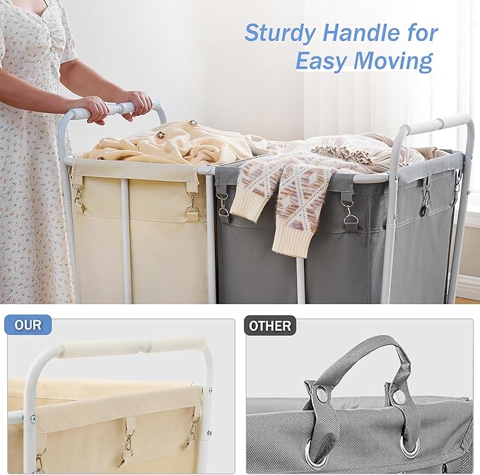 Hoctieon 2 Section Laundry Sorter Cart, 400L Rolling Hamper with Wheels, Industrial Laundry Basket Organizer, Extra Large Dirty Clothes Hamper for Home & Hotel, Heavy Duty, Gray+Beige