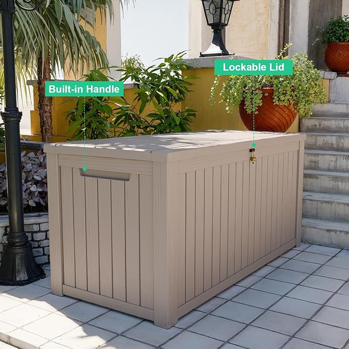 200 Gallon Large Deck Box,Resin Outdoor Storage Box with Lockable for Patio Furniture, Garden Tools Waterproof Outside Storage Box, (Grey)