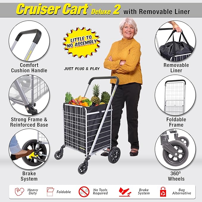 dbest Products Cruiser Cart Deluxe 2 with Liner Bag Bundle Shopping Grocery Rolling Folding Laundry Basket on Wheels Foldable Utility Trolley Compact Lightweight Collapsible