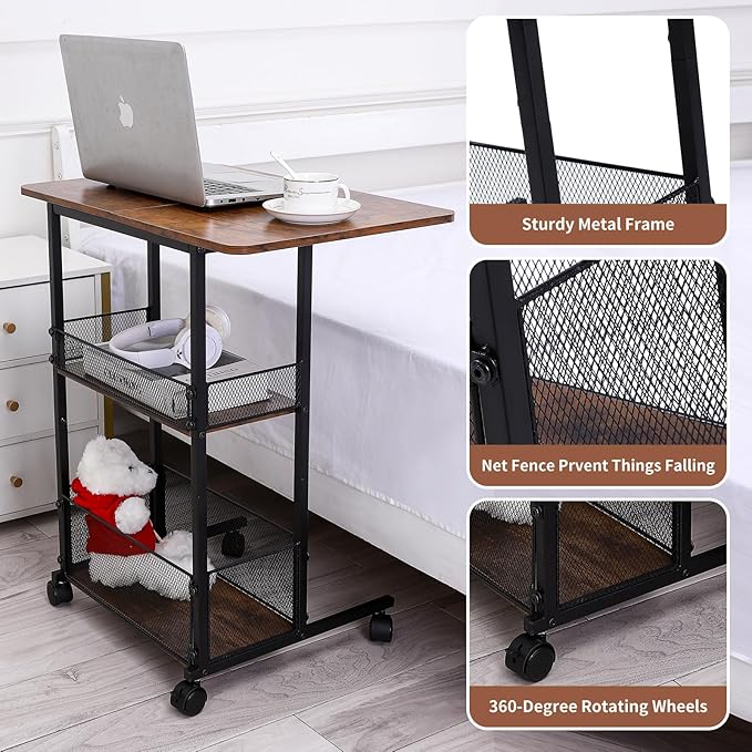 C Shaped End Table with Storage Shelf Basket, Small Couch Table with Wheels for Sofa Recliner Bedside, Rustic Brown Side Tables with Extended Desktop for Living Room, Bedroom, Home,Office