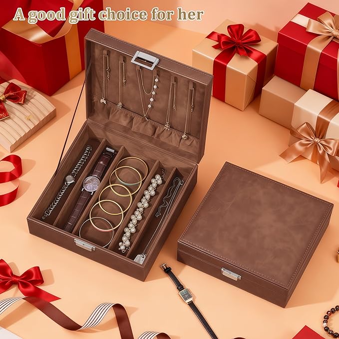 BEWISHOME Necklace Organizer Box, 2-Layer Jewelry Box to Save Space, Modern Style Necklace Storage Box, Brown Necklace and Bracelet Holder for Women, Girls, SSH31Z