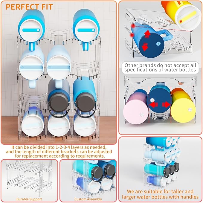 Yieach Stackable Water Bottle Organizer for Cabinet Yeti or Stanley Storage Organizers - Larger Compartment for 40 oz Stanley Cup Holder and Other Tumbler Organizers,Waterbottle Rack for Pantry,2 Tier