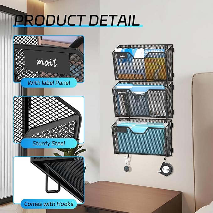 SUPEASY Mail Organizer Wall Mounted, Wall File Holder, Hanging File Organizer, Metal Mesh Mail Oganizer & Mail Holder for Home / Office (with Label Panel, 6 Pack)