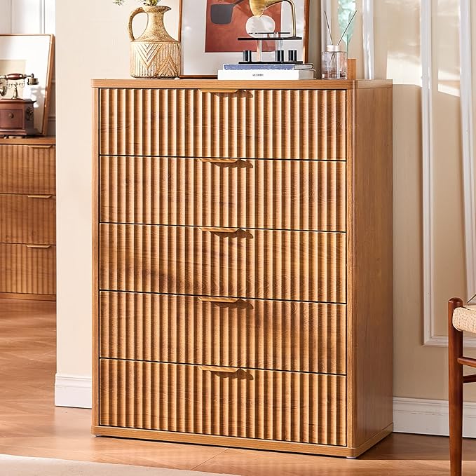 LEYAOYAO Fluted 5 Drawers Dresser for Bedroom Set of 2, 41" Tall Modern Chest of Drawers with Metal Handle, Curved Profile Design,Brown Wood Drawer Organizer for Bedroom, Living Room, Hallway