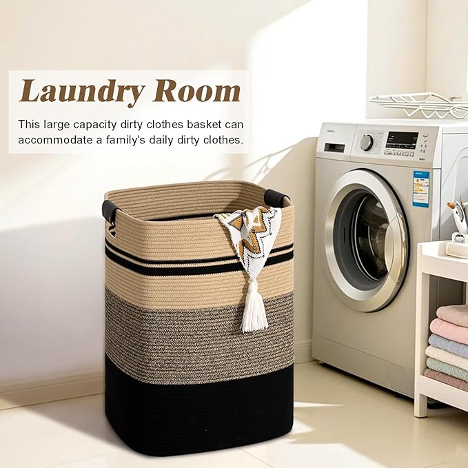 Laundry Hamper, 85L Tall Laundry Basket with Leather Handles, Rectangle Large Clothes Hamper for Organizing, Cotton Woven Laundry Baskets Storage Hampers for Bedroom, Nursery, Living Room