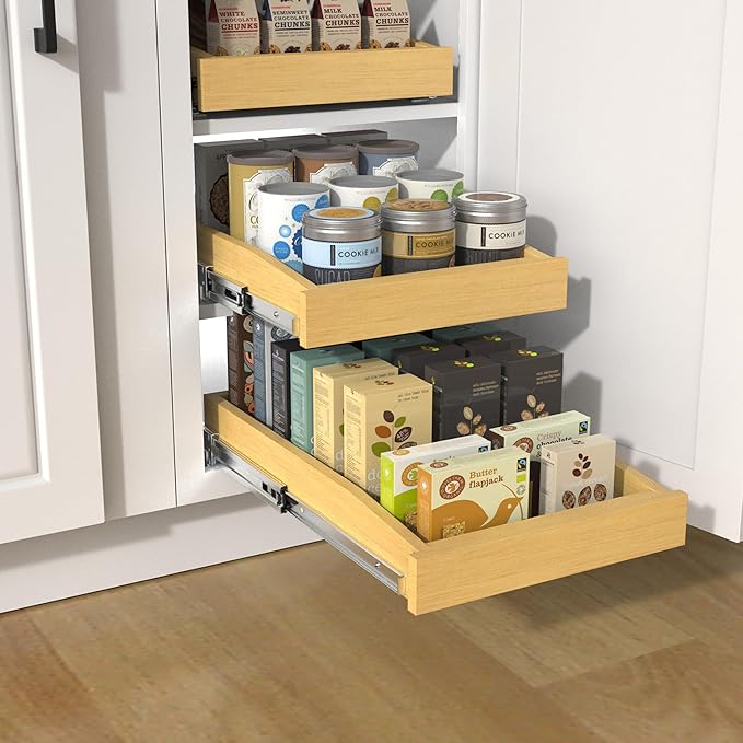 Wooden Pull out Cabinet Organizer 11" W x 21" D x 3.35" H, Heavy Duty Slide Out Drawers Pull-Out Home Organizers for Kitchen Cabinets
