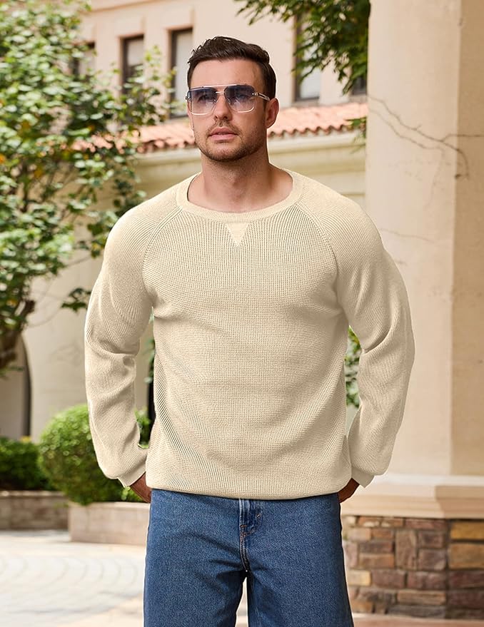 Vssjavun Sweaters for Men Crewneck Cable Knit Waffle Textured Pullover Sweater Warm Kitted Sweater Apricot
