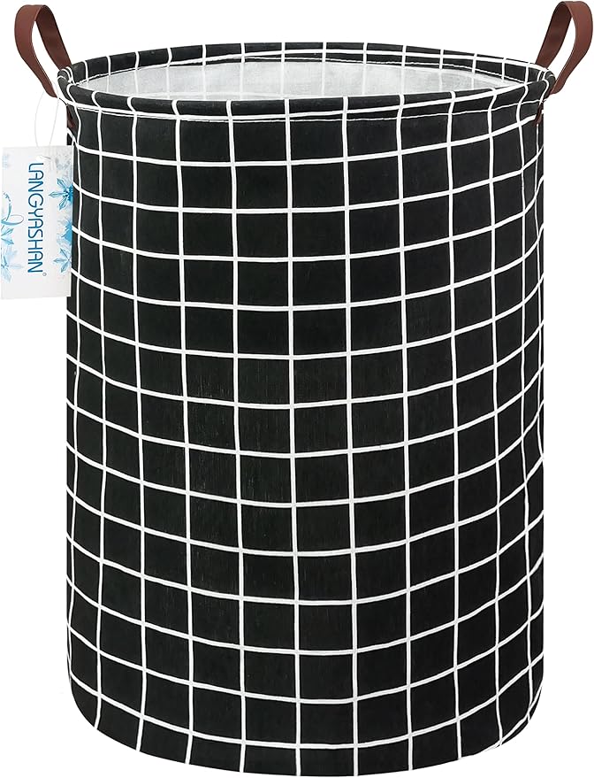 LANGYASHAN Laundry Basket Canvas Fabric Collapsible Organizer Basket for Storage Bin Toy Bins Gift Baskets Bedroom Clothes Children Nursery Hamper (Black Grid)