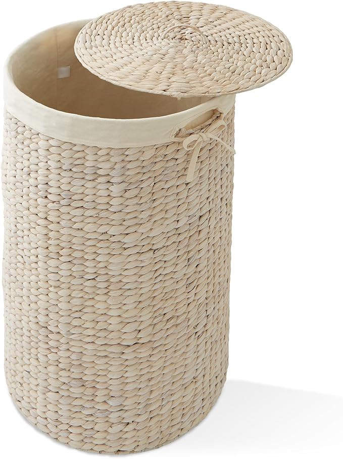 Casafield Round Laundry Hamper with Lid and Removable Liner Bag - Whitewash, Woven Water Hyacinth Wicker Laundry Basket for Clothes and Towels