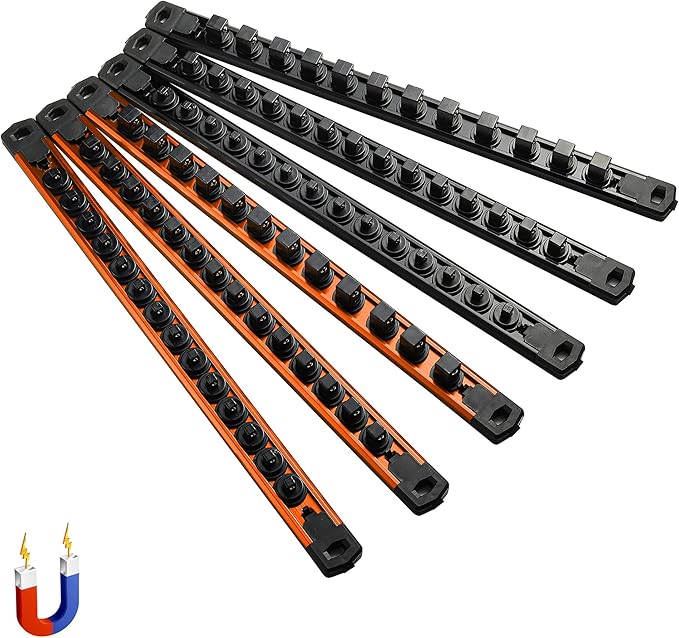 ALOANES 6-Piece Magnetic Socket Organizer, Heavy Duty Aluminum Socket Rails Organizer, 360° Swivel Clips Socket Holder Kit for Tool Box, 1/2, 3/8, 1/4-Inch Socket Holder x 80 Clips (Black&Orange)