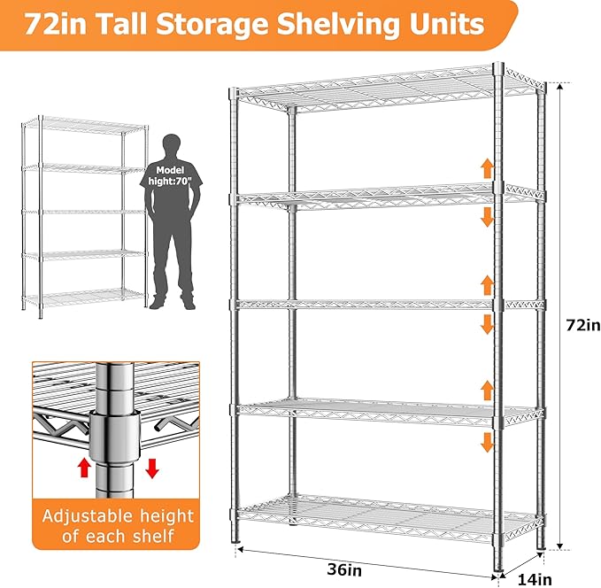 Storage Shelves Heavy Duty, 2 PCS 36" L x 14" W x 72" H Garage Wire Shelving Unit Loads 1750LBS, 5-Tier Adjustable Metal Industrial Utility Shelf Rack for Kitchen, Laundry Room, Warehouse, Basement