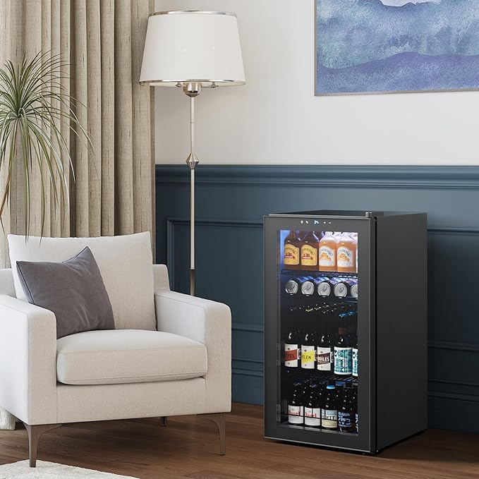 Yeego Beverage Refrigerator Cooler, 105 Cans Drink Fridge with Glass Door for Soda Beer or Wine, Beverage Cooler with 34°F-54°F Digital Temperature Control for Home, Office, Bar (Black)