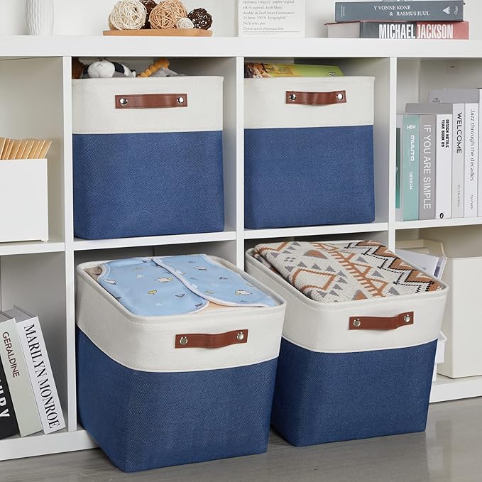 HNZIGE Fabric Storage Basket(4 Pack) Linen Baskets for Organizing,12x12 Storage Bins for Shelves,Towels,Blankets,Toys with Leather Handles(White&Blue)