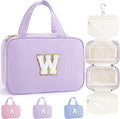 TOPEAST Hanging Toiletry Bag for Women - Travel Toiletry Bag Makeup Bag, Portable Toiletries Cosmetic Bag, Airplane Travel Essentials - Letter W, Purple