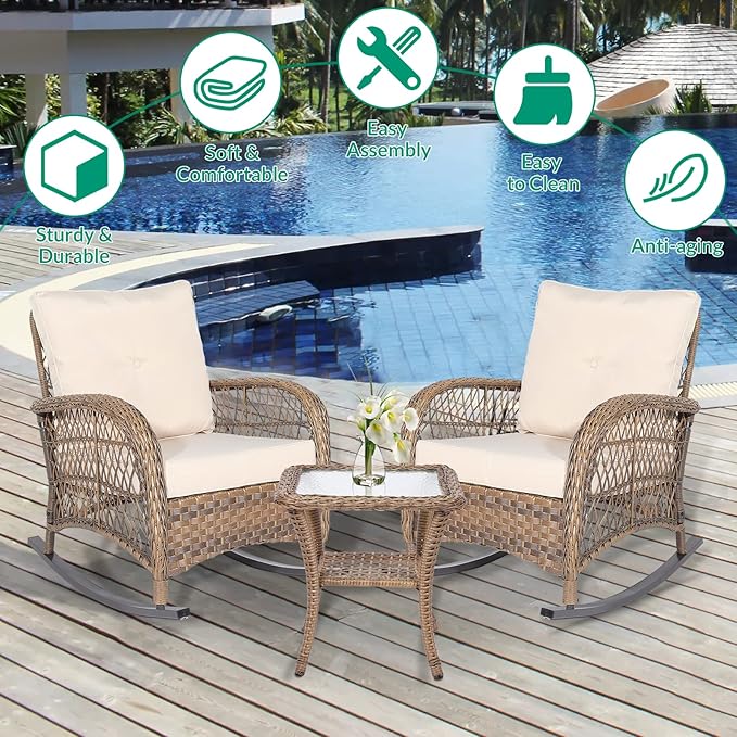 VIVIJASON 3-Piece Outdoor Conversation Bistro Set, Patio Wicker Rocking Chairs Rattan Furniture Sets w/ 2 Rattan Chairs, Cushions, Glass Top Side Table for Garden Porch Backyard