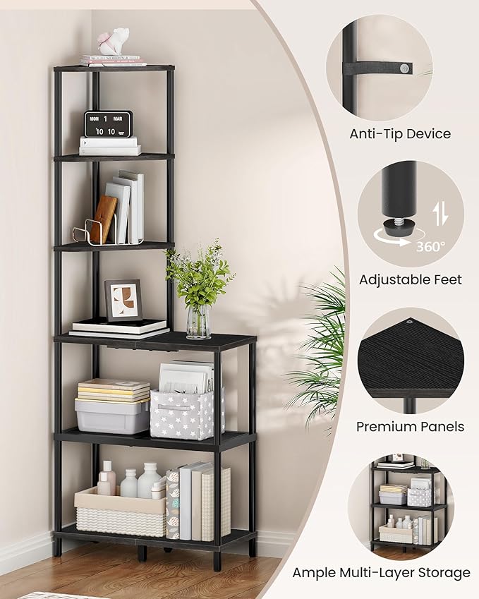 6-Tier Corner Shelf, Industrial Corner Bookshelf with Desk Top, Diamond-Shaped Storage Shelves, Display Stand for Small Spaces, Living Room, Home Office, Foyer, Black TCJ70BB