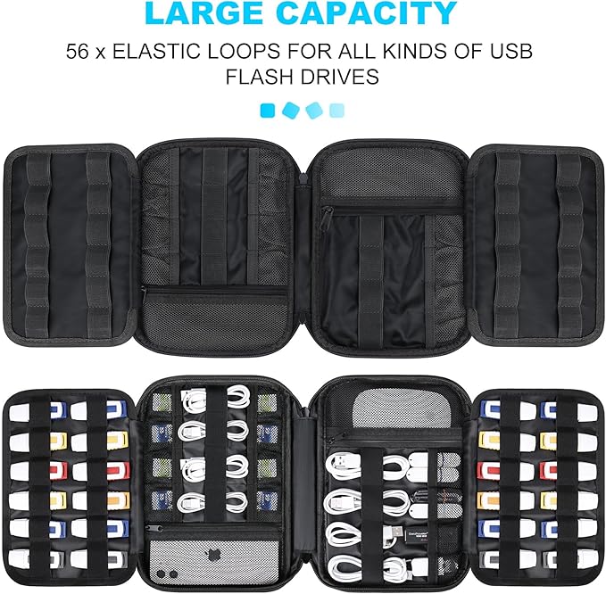 Lacdo USB Flash Drive Case Thumb Drive Holder Case Organizer Portable Electronic Accessories Storage Bag for SanDisk/SamData/Samsung USB Flash Drives Jump Drive Memory Stick, SD Card, Cables, Black