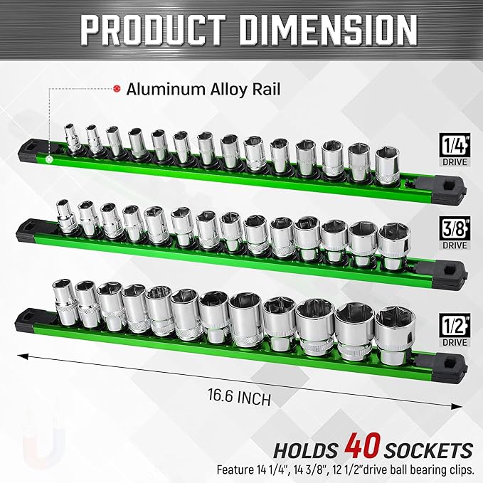 ALOANES 3-Piece Magnetic Socket Organizer, Heavy Duty Aluminum Rails With 360 Swivel Clips, Holder Kit for Tool Box, 1/2, 3/8, 1/4-Inch x 40 Clips (Green)