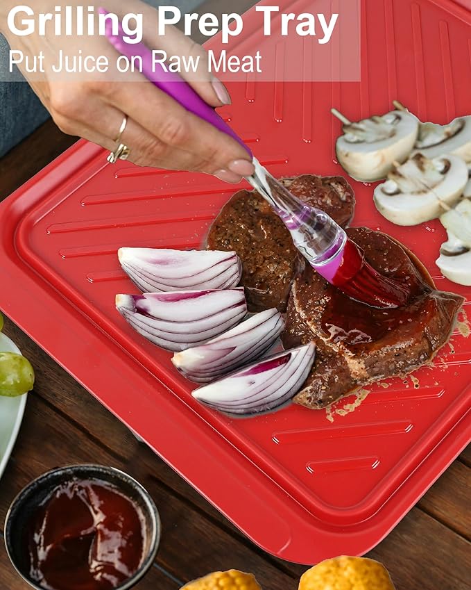 Large Grilling Prep and Serve Trays, 17.3" x 13" BBQ Platters for Raw and Cooked Food, Melamine Serving Trays for Food, Set of 2, Black and Red