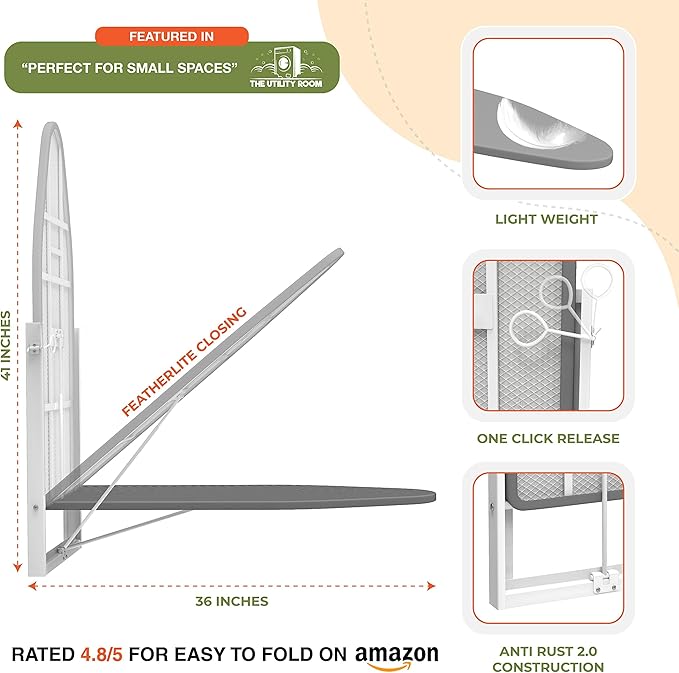 Xabitat Wall Mounted Ironing Board, 36.2" X 12.2" Compact Mount Fold Down Iron Board for Small Spaces, Space Saving with Cotton Fabric Cover, Green & Grey