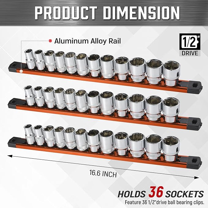 ALOANES 3-Piece Magnetic Socket Organizer, Heavy Duty Aluminum Socket Rails Organizer, 360° Swivel Clips Socket Holder Kit for Tool Box, 1/2-Inch Socket Holder x 36 Clips (Orange)