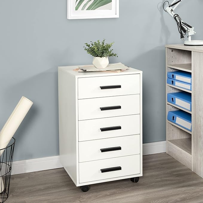 5-Drawer Rolling Under Desk Storage Cart - Mobile Organizer with Lockable Casters, White Engineered Wood Scratch-Resistant for Home Office Dorm Studio, 15.7 x 15.7 x 26 Inches