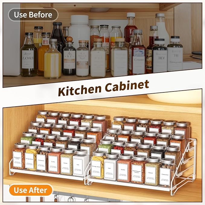 Spice Organization for Cabinet, Spice Rack Organizer, Spice Rack Organizer for Cabinet, Depth Adjustable Seasoning Organzier Organizer for Cabinet, Countertop, Pantry, Metal, White (2 Pack)