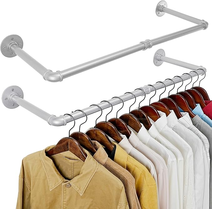 WEBI Industrial Pipe Clothing Rack,32" Wall Mounted Clothes Rack for Hanging Clothes,Heavy Duty Metal Garment Rack Bar Wall Mount Clothing Rod for Closet,Laundry Room,Silver,2 Packs