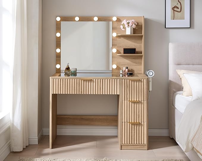 AMERLIFE 36.2" Fluted Vanity Desk with Mirror and Adjustable LED Lights, Large 4 Drawers Makeup Table with Glass Top and Charging Station for Women and Girls, Bedroom or Dorm, Natural Oak