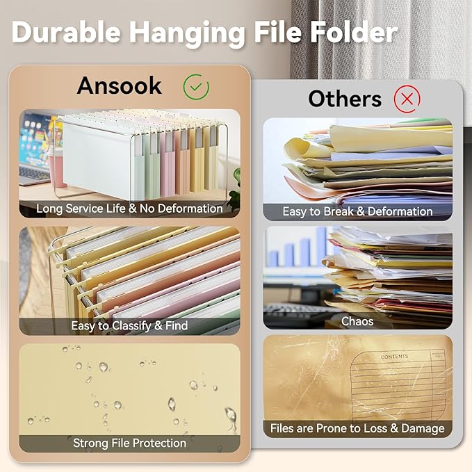 Ansook Plastic Hanging File Folders Legal Size,12 Pack Extra Capacity Expandable Legal File Folder Hanging with Tabs,Heavy Duty 1" Filing Cabinet Folder for Documents,Hanging File Organizer
