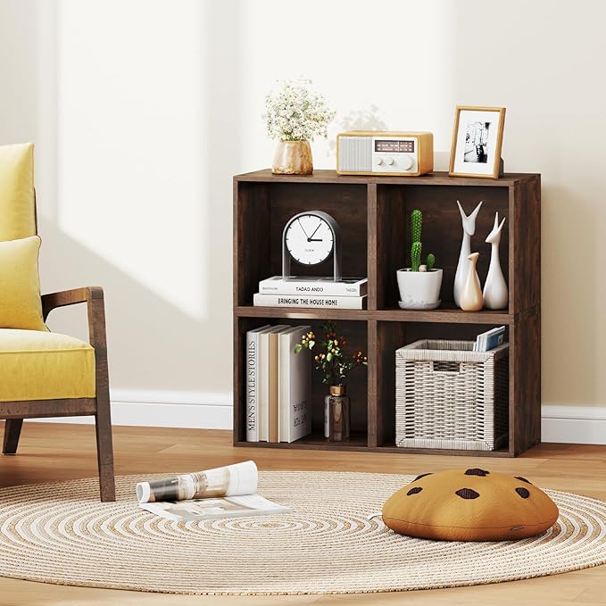 Giantex 4-Cube Bookcase, Stackable Cube Storage Organizer w/Open Bookshelf, Wooden Display Shelving Unit for Small Space, DIY Modular Cubby Storage System for Home, Study, Rustic Brown