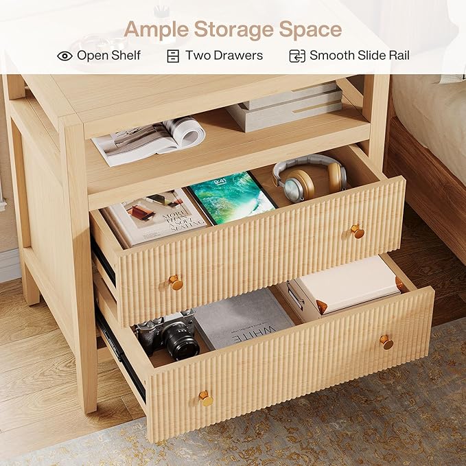 Tribesigns Modern Nightstand, 2-Drawer Nightstand with Open Storage Shelf, 29.52-Inch Wide Bedside Table Large Night Stand for Bedroom, Living Room, Oak (1)