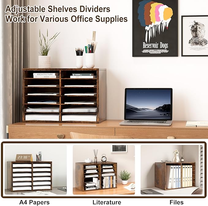 Literature Organizer 12 Slots Wooden Mailboxes for Classroom Office Mail Organizer Countertop Vertical File Sorter with Adjustable Shelves Heavy Duty Office Mailbox Cubbies, Rustic Brown