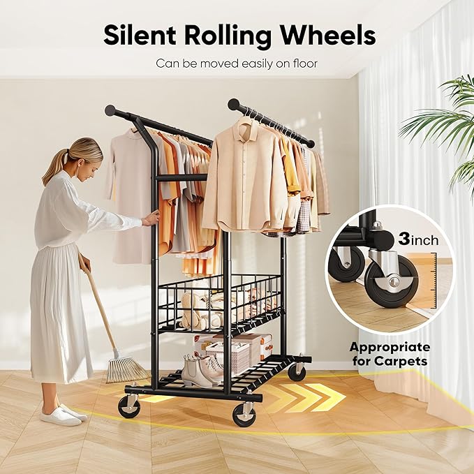 HOKEEPER Heavy Duty Clothes Rack Load 625 LBS, Clothing Rack for Hanging Clothes, Adjustable Black Double Rod with Metal Basket, Portable Rolling Garment Rack with Wheels for Bedroom, Laundry Room