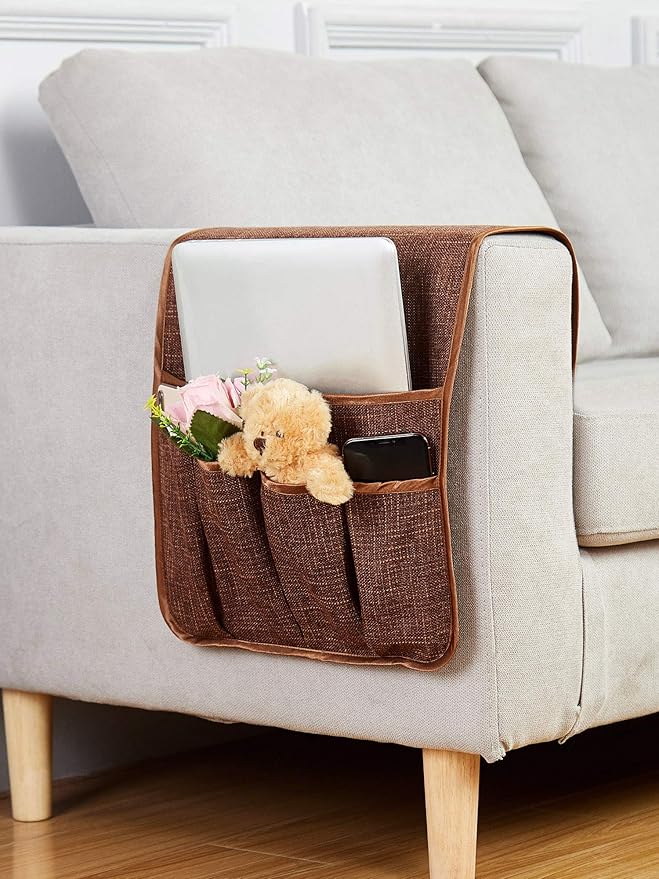 FLYILY Sofa Armrest Organizer Non-Slip Arm Chair Hanging Caddy Remote Control Holder for Magazine, Phone, Books, Glasses(Coffee,13in)