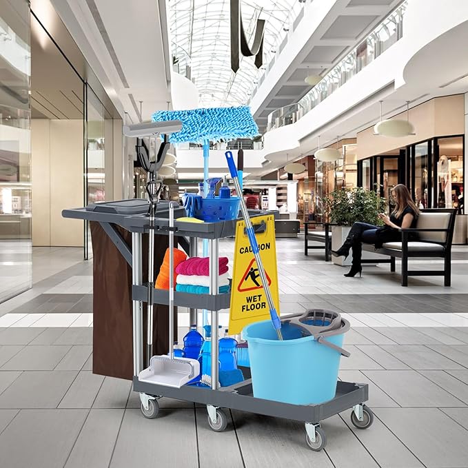 Commercial Janitorial Cart, 3-Shelf Housekeeping Cleaning Cart with Wheels, Cover, Shelves, and Oxford Bag, Traditional Janitorial Cart for School Hotel Apartment