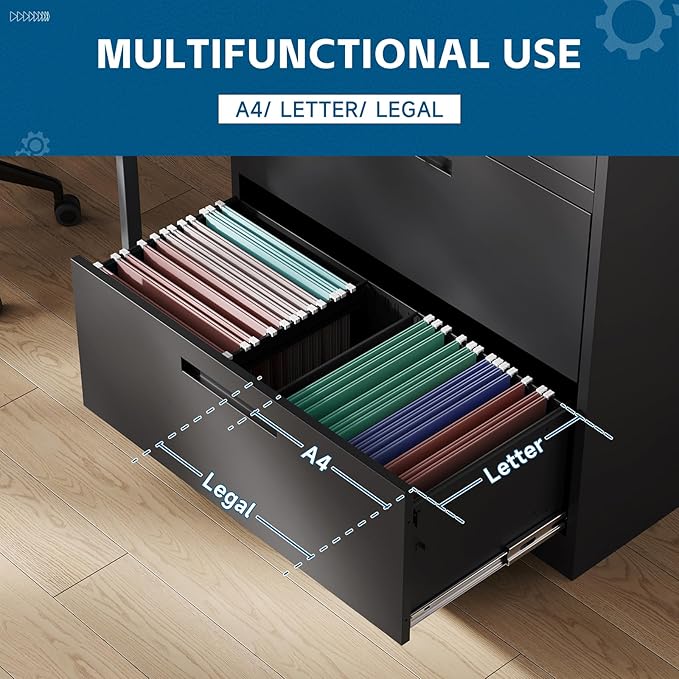 3-Drawer Metal File Cabinet, Lateral Vertical Filing Cabinets for Home Office, Locking File Cabinets with Storage Shelves, Legal/Letter/A4 Size Office File Cabinet (Black, Assemble Required)