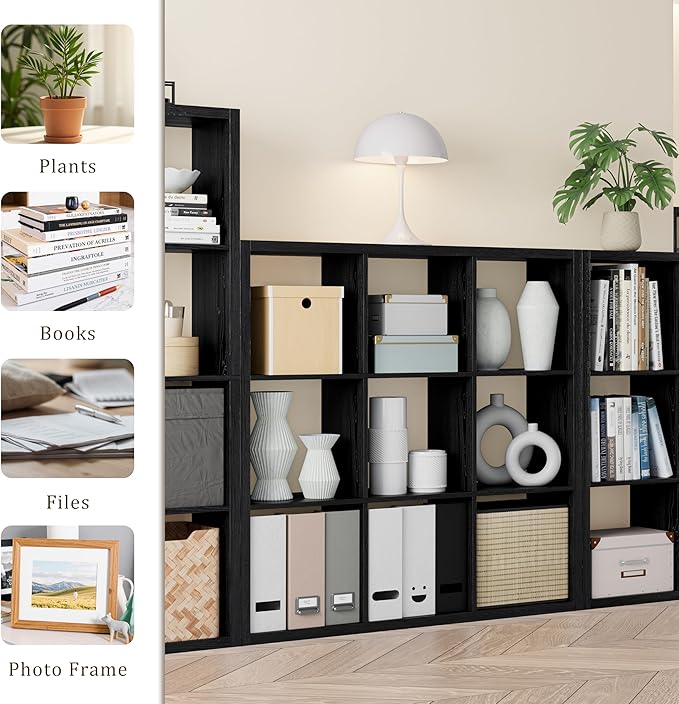 Cube Storage Organizer Bookcase, Decorative 11 inch Open Back Cubical Shelf with Thickened Border, Display Bookshelf for Living Room, Home Office, Sturdy Room (Black, 9 Cube)