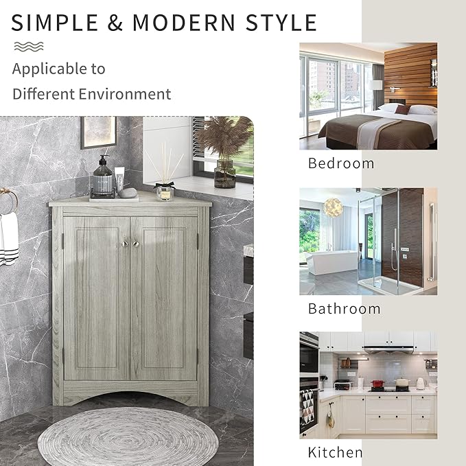GDFStudio 31.5" H Triangle Corner Bathroom Storage Cabinet with Adjustable Shelves,Freestanding Floor Cabinet for Small Spaces,Water-Resistant Cabinet Modern Organizer for Home,Kitchen,Hallway, Oak