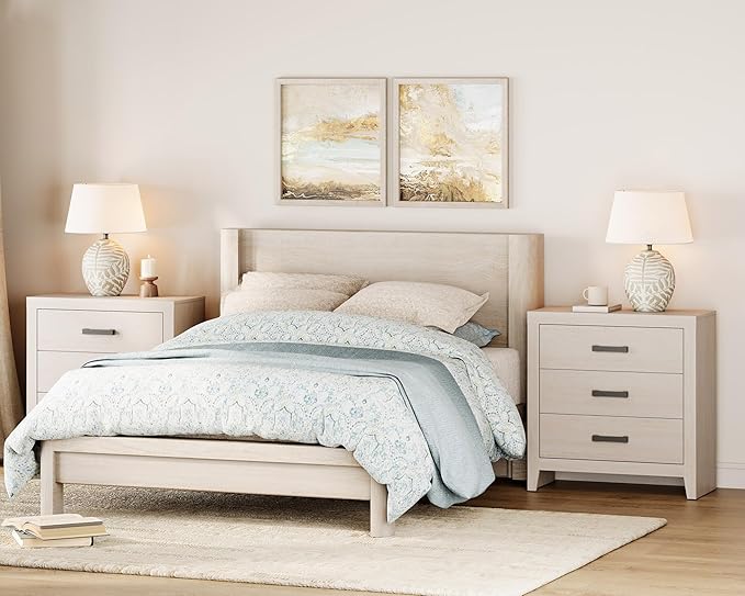 WAMPAT Farmhouse 3 Drawer Nightstand Set of 2, Large Wood Bedside Tables, 32" Wide End Tables with Storage for Living Room, Bedroom, Hallway, Beige